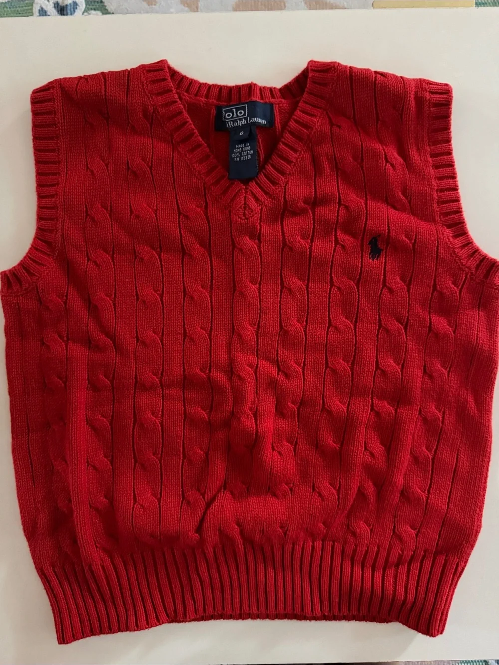 Ralph Lauren Men’s Red Cable-Knit V-Neck Sweater Vest with Navy Pony